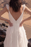 Ivory Ruffled A Line Long Wedding Dress with Slit