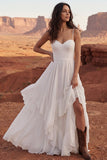 Ivory A Line Spaghetti Straps Ruffled Long Wedding Dress with Slit