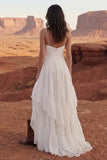 Ivory A Line Spaghetti Straps Ruffled Long Wedding Dress with Slit
