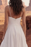 Ivory A Line Spaghetti Straps Ruffled Long Wedding Dress with Slit