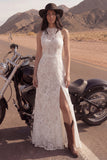 Boho Ivory High Neck Lace Wedding Dress with Slit