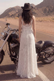 Boho Ivory High Neck Lace Wedding Dress with Slit