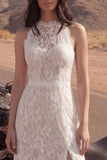 Boho Ivory High Neck Lace Wedding Dress with Slit