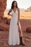 Halter Ivory A Line Long Wedding Dress with Slit