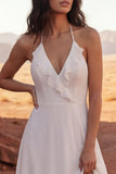Halter Ivory A Line Long Wedding Dress with Slit