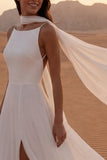 Simple A Line Ivory Backless Long Wedding Dress with Scarf