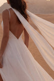 Simple A Line Ivory Backless Long Wedding Dress with Scarf