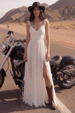 Ivory A Line Spaghetti Straps Long Wedding Dress with Lace