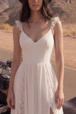 Ivory A Line Spaghetti Straps Long Wedding Dress with Lace