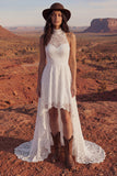 Halter Ivory Lace A Line High Low Boho Wedding Dress