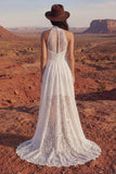 Halter Ivory Lace A Line High Low Boho Wedding Dress