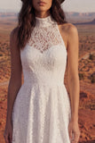 Halter Ivory Lace A Line High Low Boho Wedding Dress