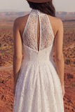 Halter Ivory Lace A Line High Low Boho Wedding Dress