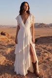 Ivory V Neck A Line Ruffled Long Wedding Dress with Flutter Sleeves