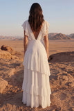 Ivory V Neck A Line Ruffled Long Wedding Dress with Flutter Sleeves