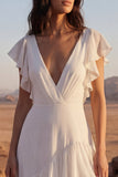 Ivory V Neck A Line Ruffled Long Wedding Dress with Flutter Sleeves