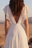 Ivory V Neck A Line Ruffled Long Wedding Dress with Flutter Sleeves