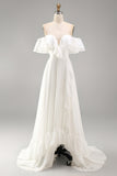 Off the Shoulder Ruffle A Line Ivory Long Wedding Dress with Slit