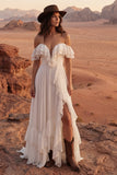 Off the Shoulder Ruffle A Line Ivory Long Wedding Dress with Slit