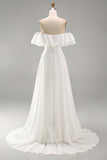 Off the Shoulder Ruffle A Line Ivory Long Wedding Dress with Slit
