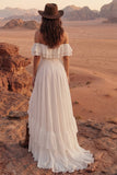 Off the Shoulder Ruffle A Line Ivory Long Wedding Dress with Slit