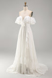 Off the Shoulder Ruffle A Line Ivory Long Wedding Dress with Slit