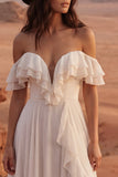 Off the Shoulder Ruffle A Line Ivory Long Wedding Dress with Slit