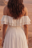 Off the Shoulder Ruffle A Line Ivory Long Wedding Dress with Slit