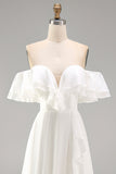 Off the Shoulder Ruffle A Line Ivory Long Wedding Dress with Slit