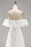Off the Shoulder Ruffle A Line Ivory Long Wedding Dress with Slit