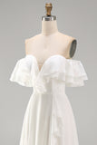 Off the Shoulder Ruffle A Line Ivory Long Wedding Dress with Slit
