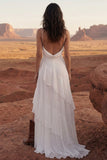 Ivory A Line Spaghetti Straps Ruffled Wedding Dress with Slit