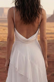 Ivory A Line Spaghetti Straps Ruffled Wedding Dress with Slit