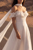 Off the Shoulder Ivory A Line Ruffled High Low Wedding Dress with Streamer