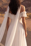 Off the Shoulder Ivory A Line Ruffled High Low Wedding Dress with Streamer