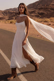Simple Ivory A Line Spaghetti Straps Midi Wedding Dress with Slit