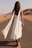 Simple Ivory A Line Spaghetti Straps Midi Wedding Dress with Slit