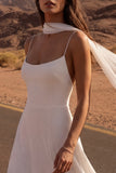 Simple Ivory A Line Spaghetti Straps Midi Wedding Dress with Slit