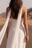 Simple Ivory A Line Spaghetti Straps Midi Wedding Dress with Slit