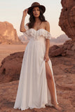 Off the Shoulder Lace Ivory A Line Long Wedding Dress with Slit