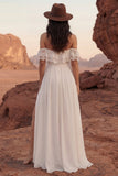 Off the Shoulder Lace Ivory A Line Long Wedding Dress with Slit