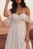 Off the Shoulder Lace Ivory A Line Long Wedding Dress with Slit