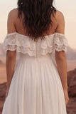 Off the Shoulder Lace Ivory A Line Long Wedding Dress with Slit