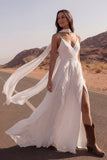A Line Ivory Ruched Spaghetti Straps Long Wedding Dress with Slit