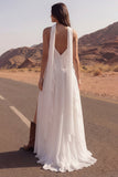 A Line Ivory Ruched Spaghetti Straps Long Wedding Dress with Slit
