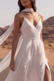 A Line Ivory Ruched Spaghetti Straps Long Wedding Dress with Slit
