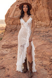 Boho Ivory Lace Ruffled Long Wedding Dress with Slit