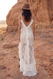 Boho Ivory Lace Ruffled Long Wedding Dress with Slit