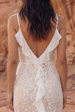 Boho Ivory Lace Ruffled Long Wedding Dress with Slit