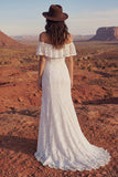 Ivory Off the Shoulder Mermaid Lace Long Wedding Dress with Slit